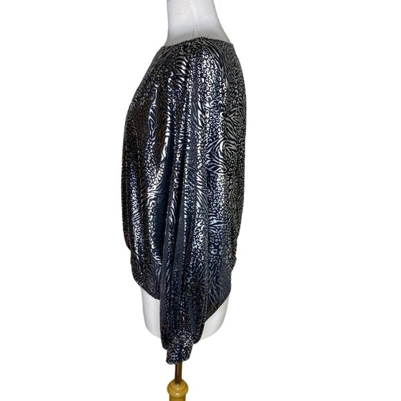 Vintage 80s Black & Silver Metallic Animal Print Blouse, Boat Neck, Puff Sleeves - Picture 3 of 5